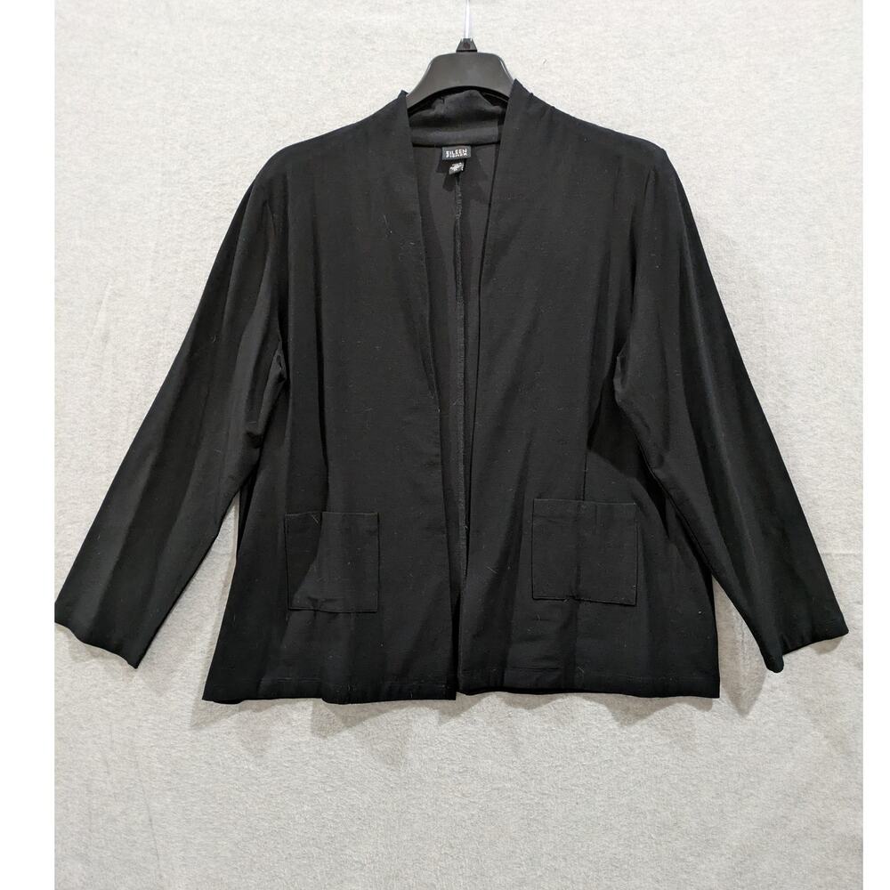 Eileen Fisher Cardigan Womens XL Long Sleeve Open Front Pocket Nylon Blend Black